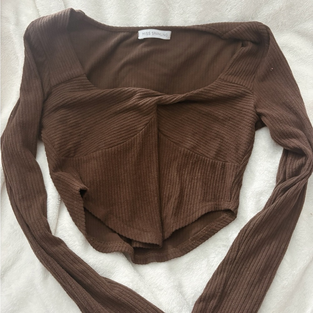 Brown Ribbed Crop Top